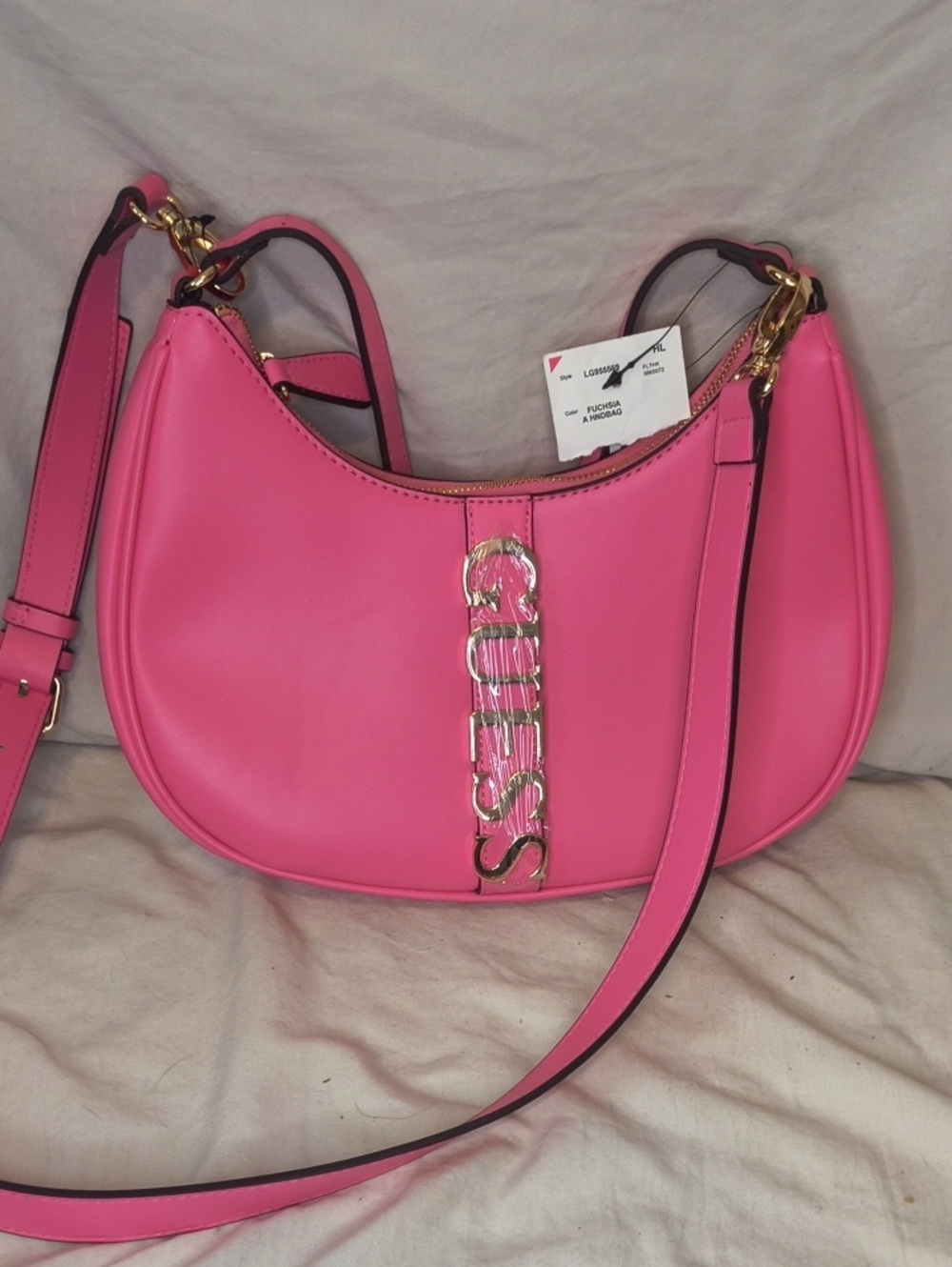 NWT GUESS Hot Pink Crescent Shoulder Bag with Gold Logo AE